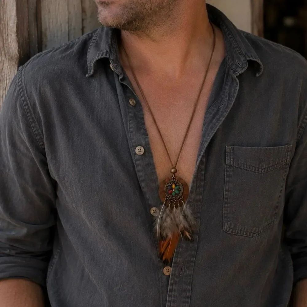 Nomad Wood Enamel Feather Pendant Necklace in Bronze Tone